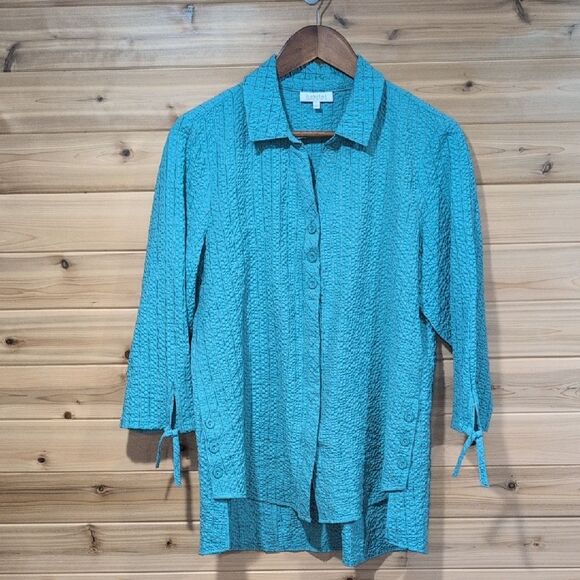 Habitat Top Womens Small Blue Button Front Art Crinkle Blouse - Picture 1 of 9